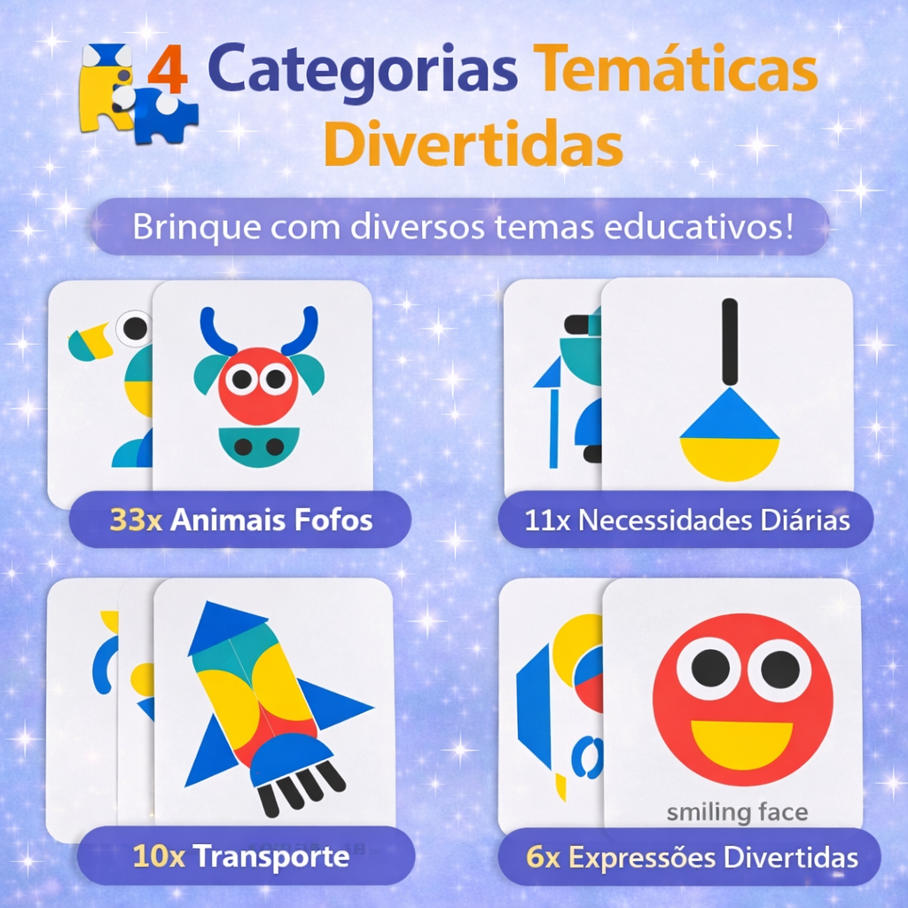 Quebra-Cabeça Montessori de Madeira - 36 Peças e 60 Cartas