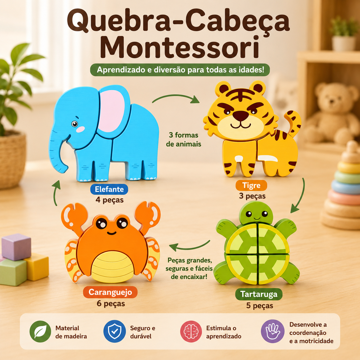 Quebra-Cabeça 3D Montessori de Madeira para Crianças