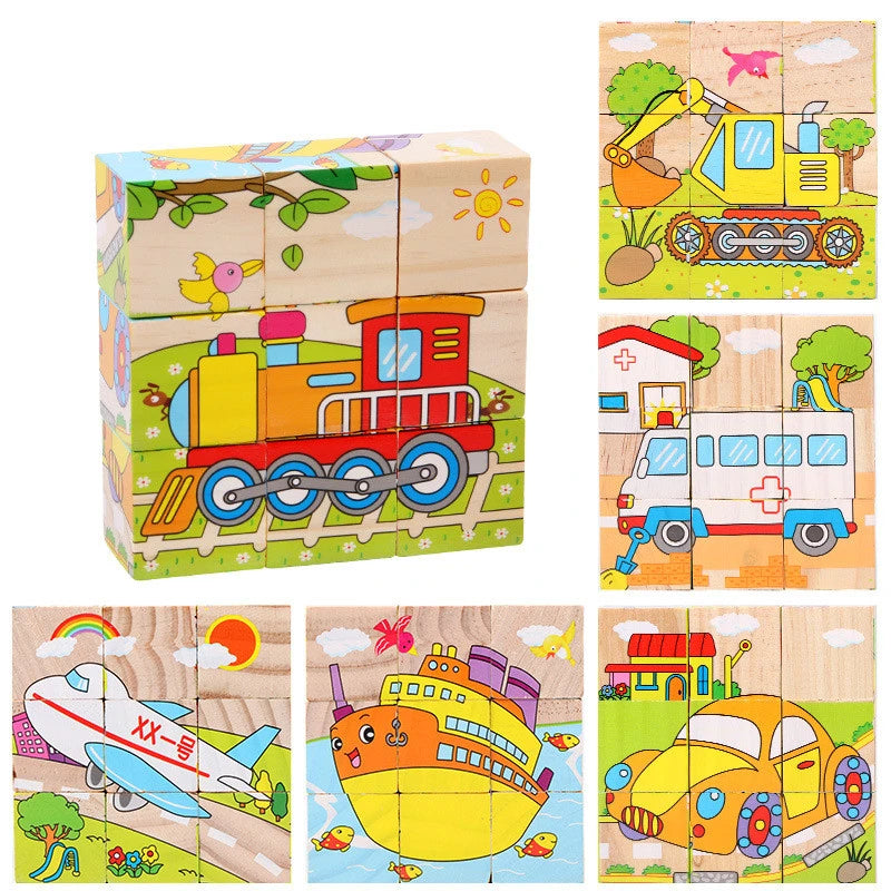 Blocos de madeira do bebê brinquedos crianças seis lados cubo quebra-cabeças jogo animal fruta tráfego cognição aprendizagem precoce brinquedos educativos