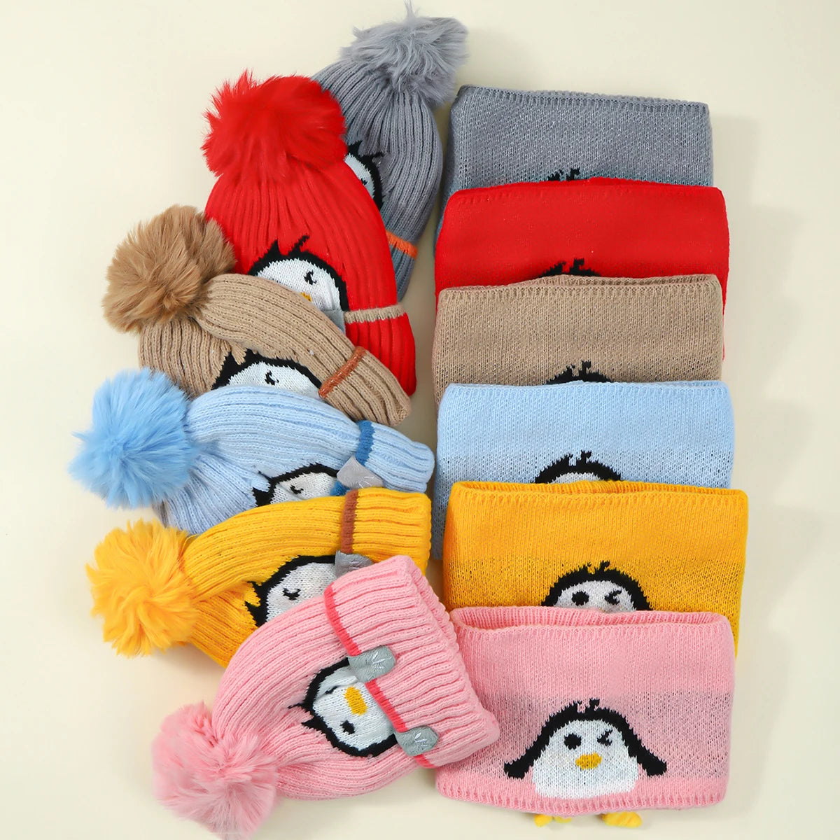 Adorável pinguim infantil chapéu cachecol conjunto boné de malha grossa com protetores de orelha para bebês meninos meninas no inverno