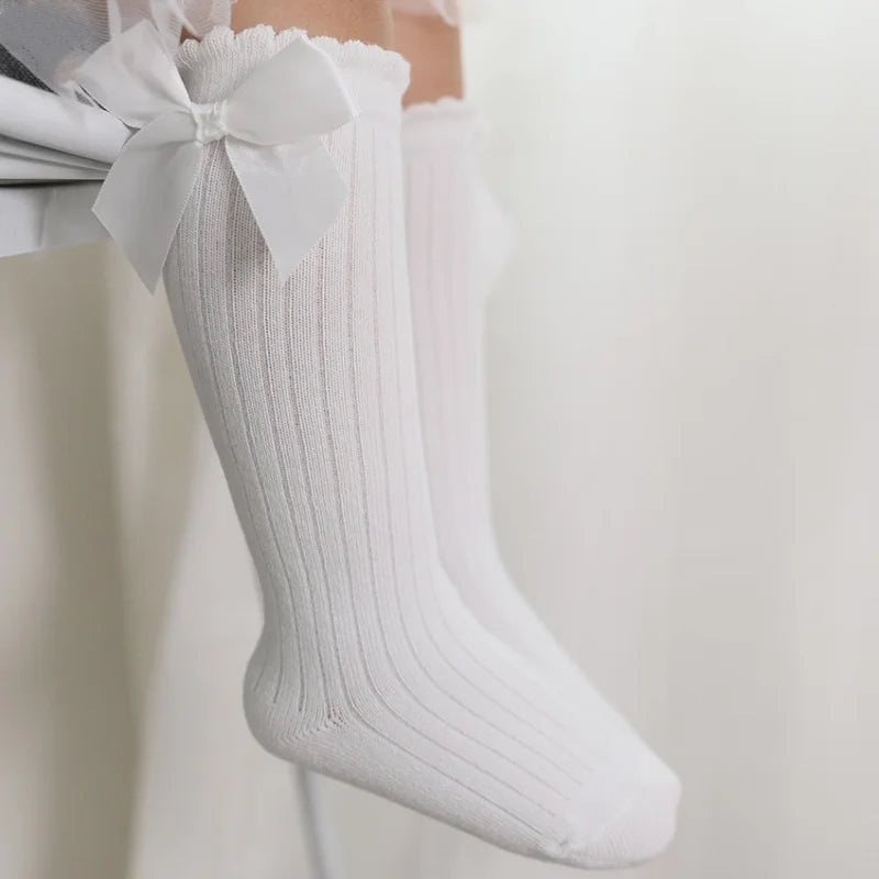 Meias infantis para meninas com laço grande, meias longas até o joelho para crianças, primavera outono, princesa, bebê, sólido, macio, elegante, algodão, 0-7 anos