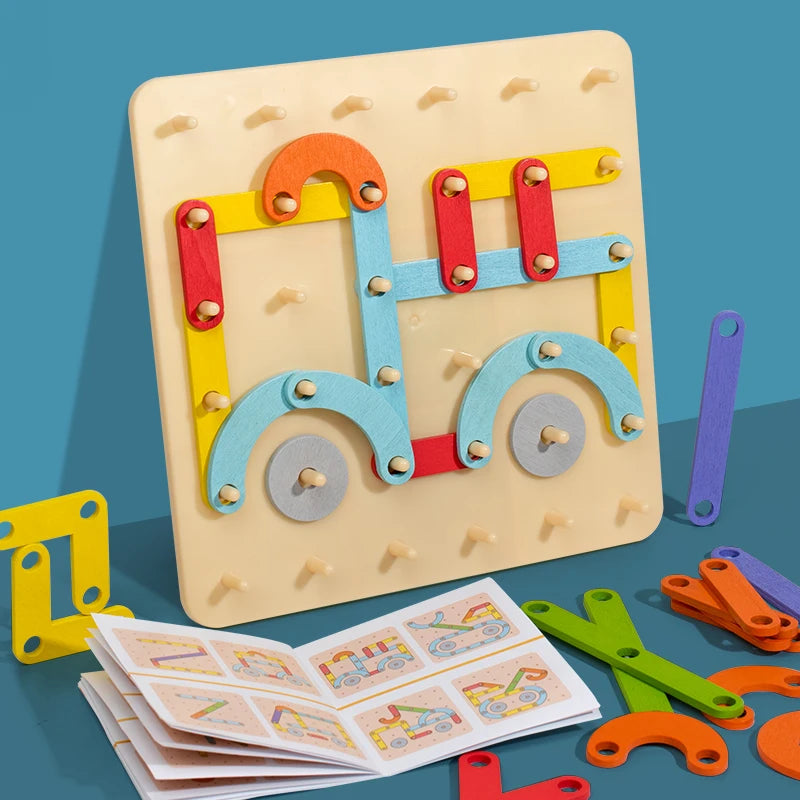 Crianças brinquedos de madeira placa criativa placa de unhas conjunto coluna geométrica construção quebra-cabeça geométrico pegboard montessori sensorial