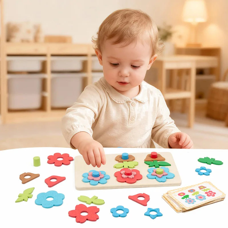 Placa de quebra-cabeça de flores versátil emparelhado com blocos de construção, brinquedos de educação infantil, treinamento de foco