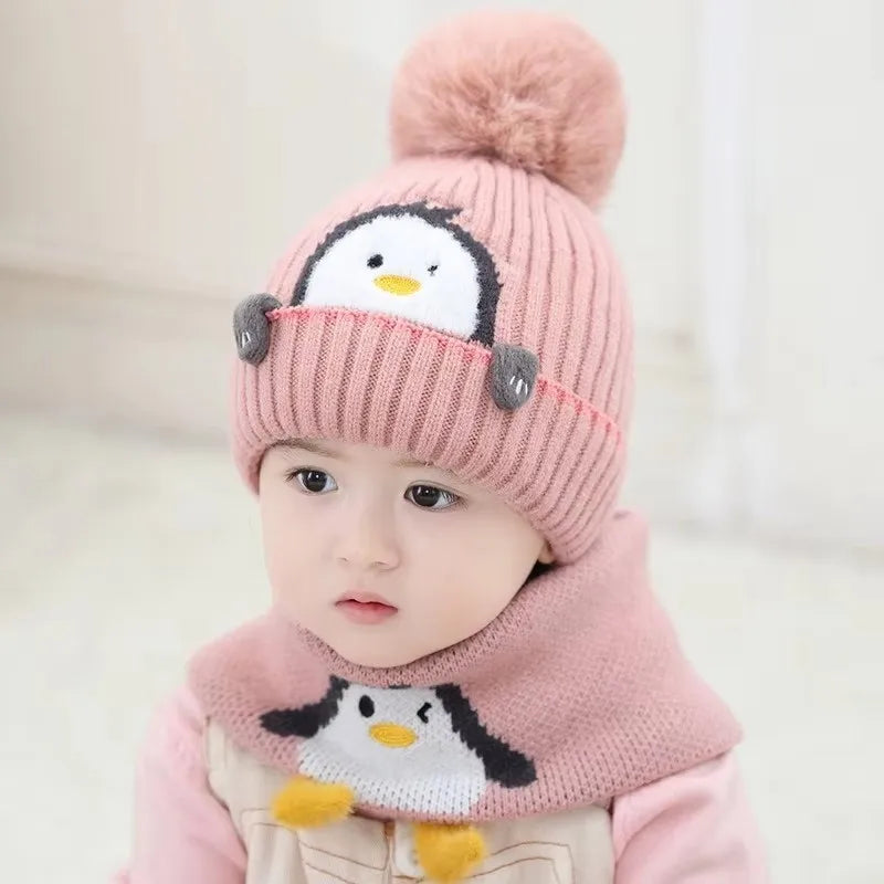 Adorável pinguim infantil chapéu cachecol conjunto boné de malha grossa com protetores de orelha para bebês meninos meninas no inverno