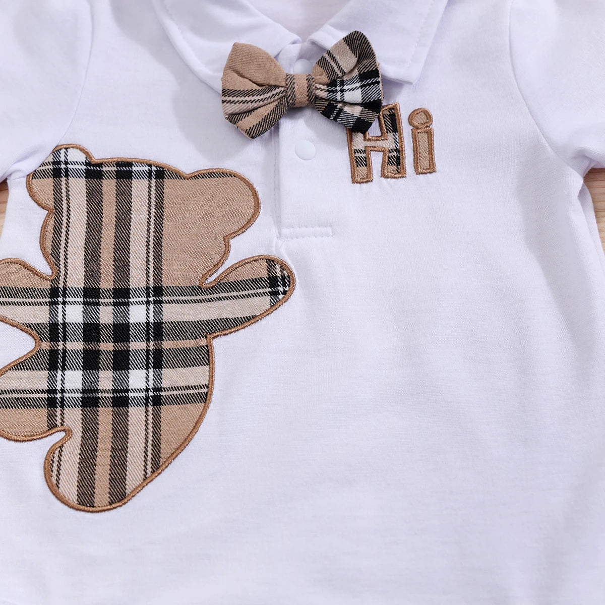 Conjunto de roupas de bebê murnxb, 2 peças, manga curta, meninos, infantil, xadrez, urso, body + suspensórios, calças, conjunto geral, roupas para recém-nascidos de 1 a 18 meses