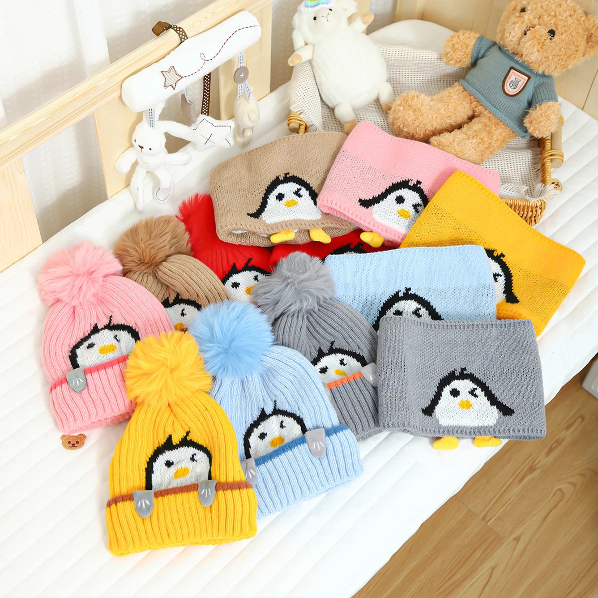 Adorável pinguim infantil chapéu cachecol conjunto boné de malha grossa com protetores de orelha para bebês meninos meninas no inverno