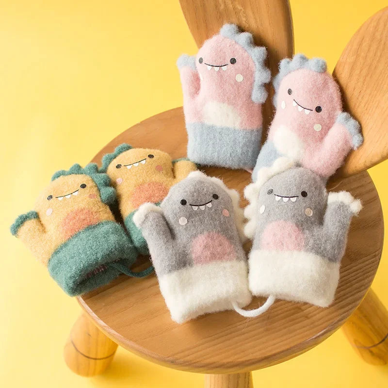 Luvas de bebê dinossauro dos desenhos animados inverno quente pelúcia malha luvas para criança menino menina bonito pendurado pescoço luvas