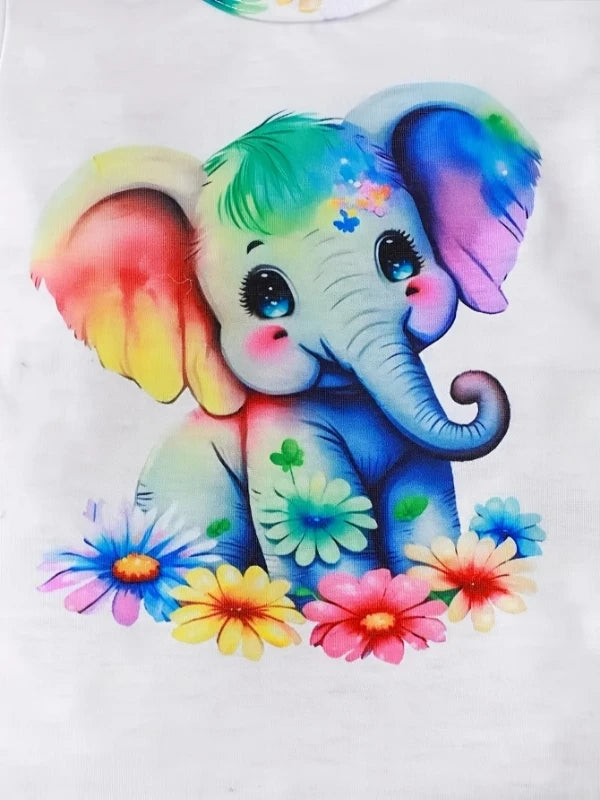 Conjunto de roupa de 3 peças para bebê recém-nascido: body de elefante aquarela + shorts florais + faixa de cabeça com laço – roupas fofas de primavera/verão