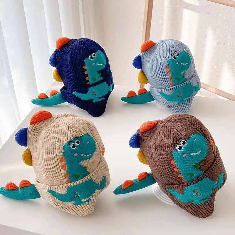Inverno quente bebê orelha proteção chapéu 3d dinossauro crianças earmuffs boné dos desenhos animados da criança de lã malha chapéus 2-6 anos crianças gorros