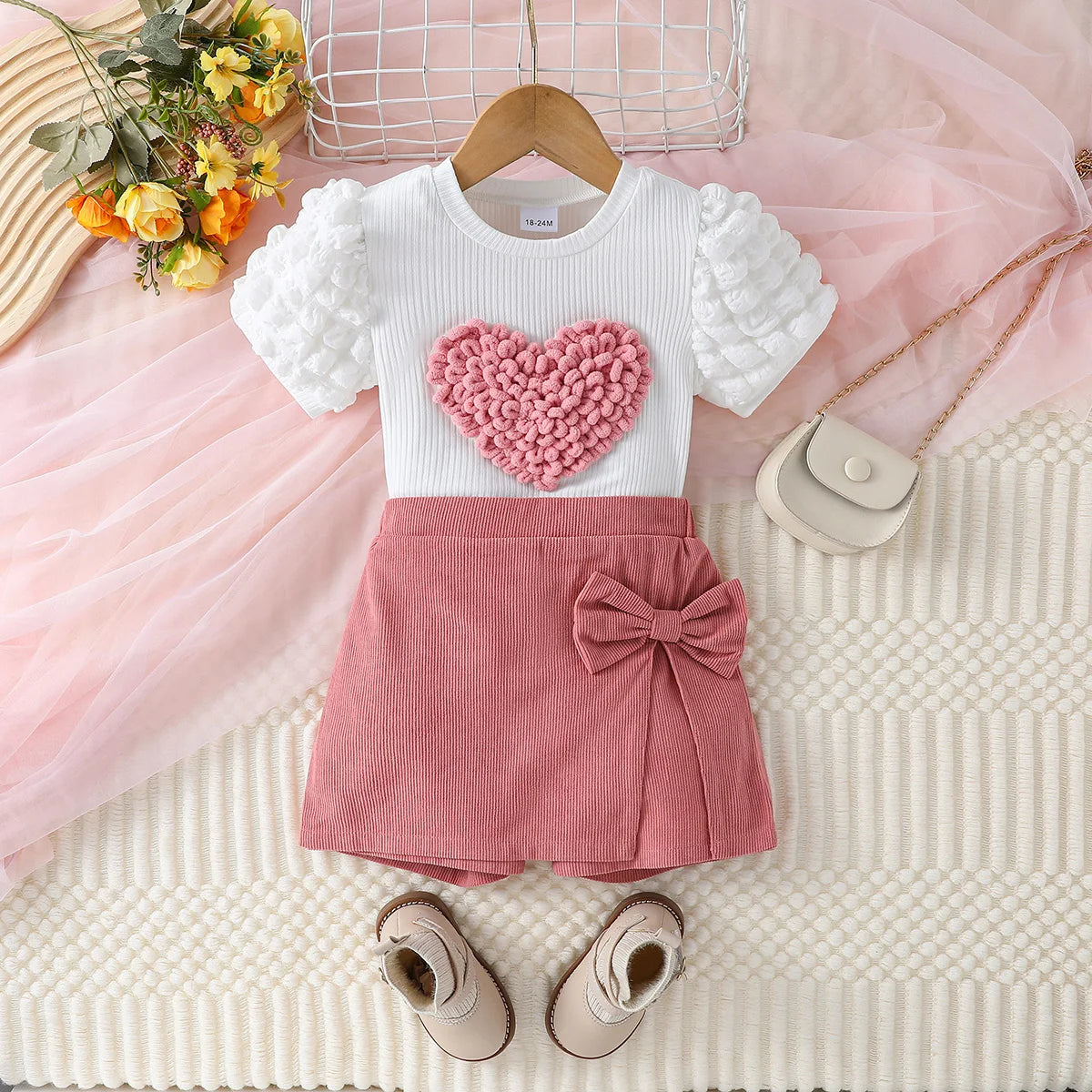 Conjunto de roupas casuais da moda de verão para meninas pequenas com manga bufante de coração e calça curta rosa com laço conjunto de roupas ativas para 1-6 anos