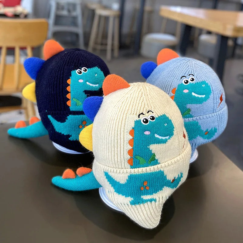 Inverno quente bebê orelha proteção chapéu 3d dinossauro crianças earmuffs boné dos desenhos animados da criança de lã malha chapéus 2-6 anos crianças gorros