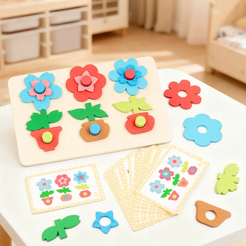 Placa de quebra-cabeça de flores versátil emparelhado com blocos de construção, brinquedos de educação infantil, treinamento de foco