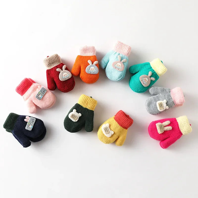 Inverno bebê luvas de pelúcia bonito dos desenhos animados da criança luvas de malha para crianças da criança cor sólida quente pendurado pescoço luvas