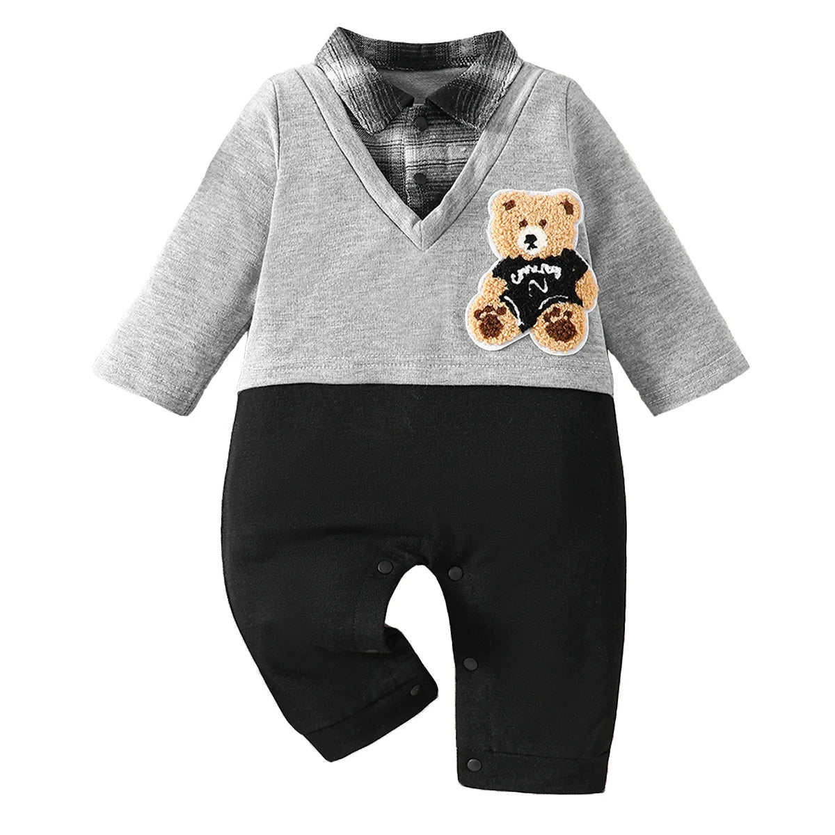 Macacão Infantil Urso Xadrez Manga Longa