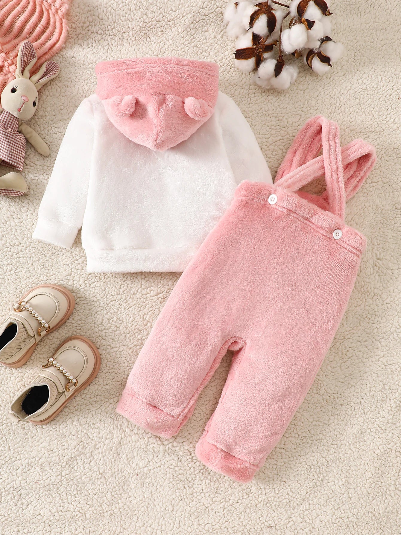 Iurnxb roupas de coelho para bebês recém-nascidos, ternos ao ar livre, casaco de lã com capuz + calças com suspensórios, conjunto de roupas infantis de 2 peças de 1 a 18 meses