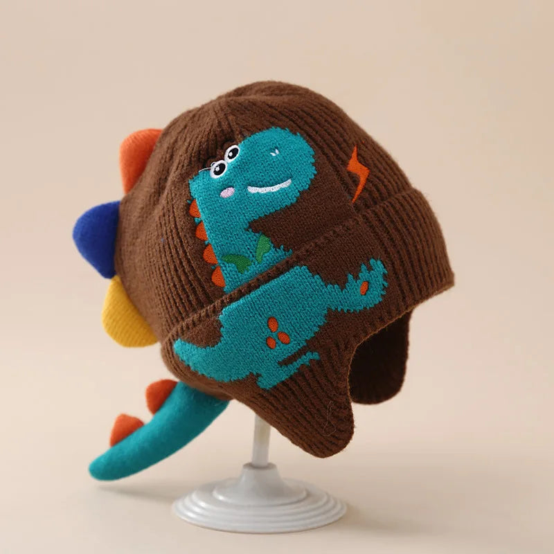 Inverno quente bebê orelha proteção chapéu 3d dinossauro crianças earmuffs boné dos desenhos animados da criança de lã malha chapéus 2-6 anos crianças gorros
