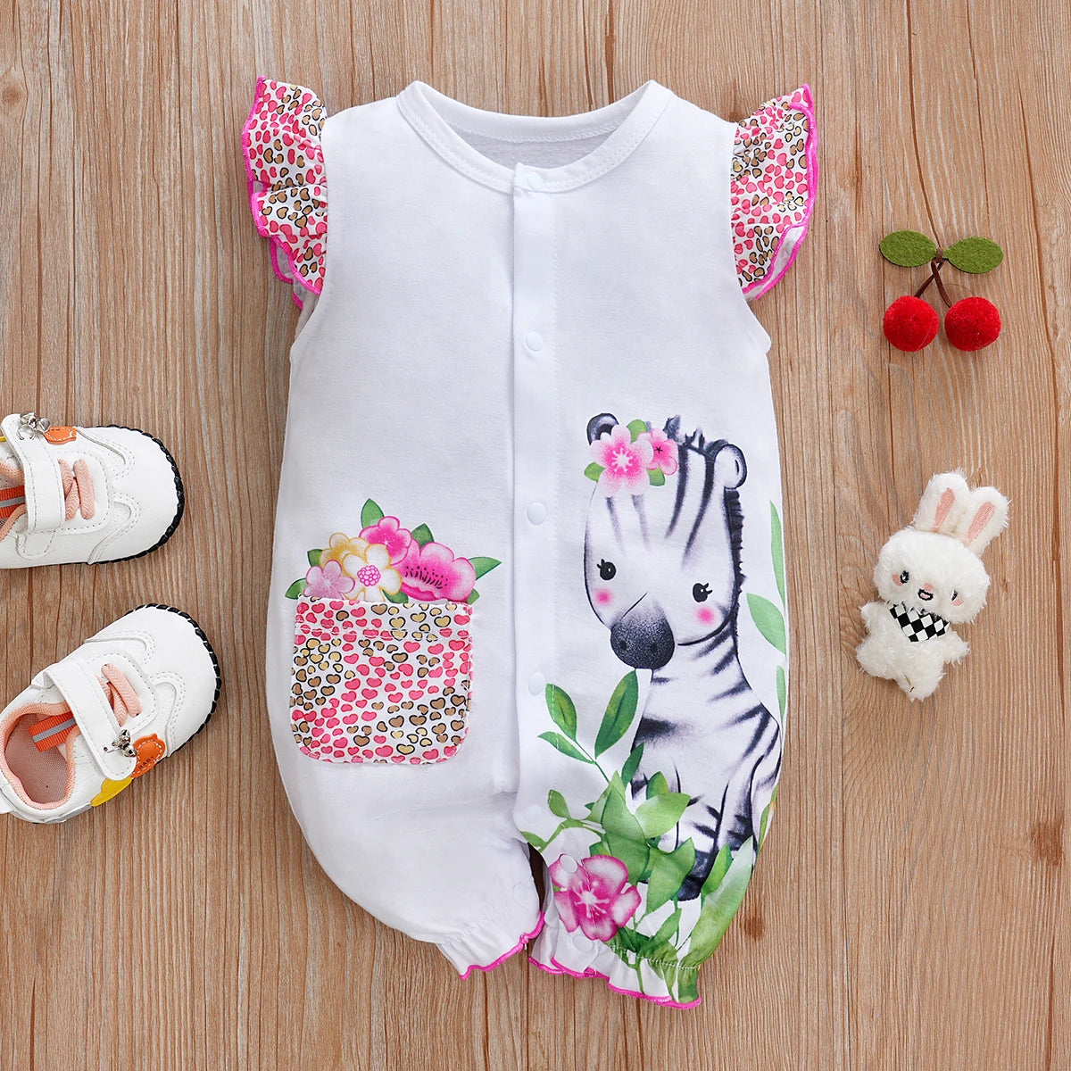 IURNXB-Bodysuit frontal com estampa flor zebra bonito do bebê, bodysuit confortável, macacão de manga, criança e menina infantil Onesie, presente de verão