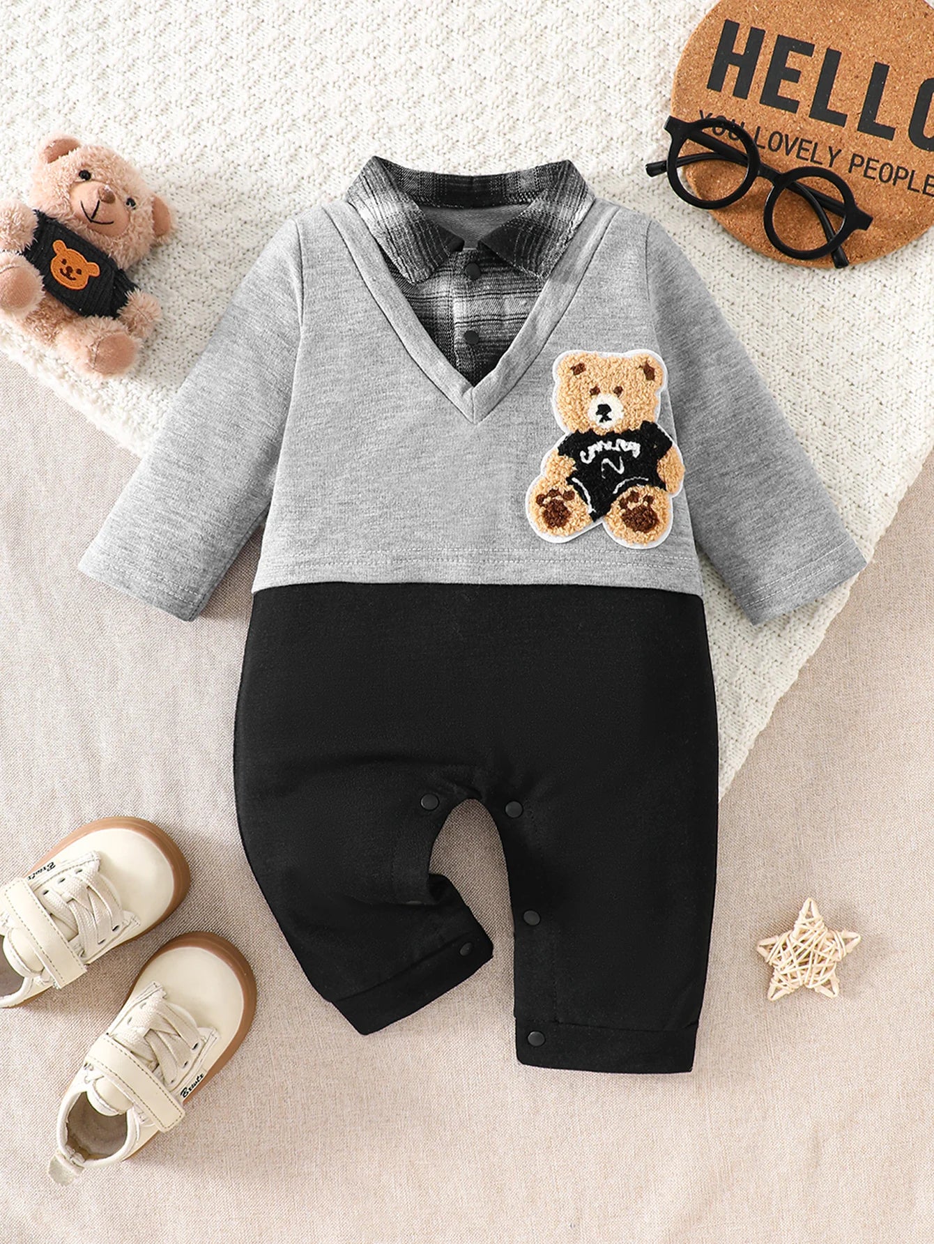 Macacão Infantil Urso Xadrez Manga Longa