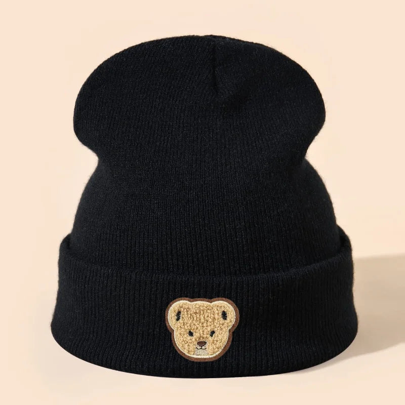 1pc/2pcs bebê preto branco chapéu de malha com urso dos desenhos animados, macio, quente e confortável para meninos meninas outono e inverno chapéu ao ar livre