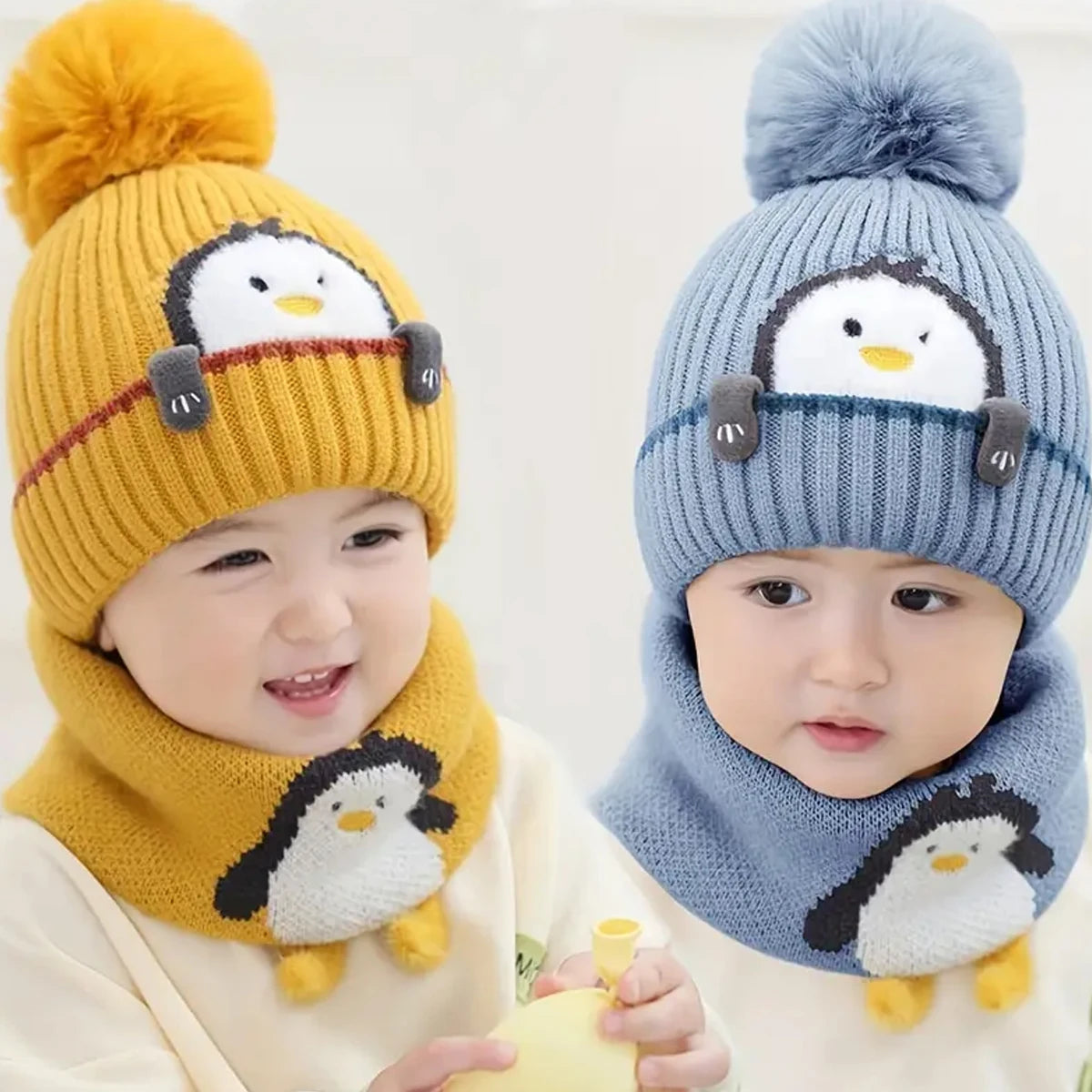 Adorável pinguim infantil chapéu cachecol conjunto boné de malha grossa com protetores de orelha para bebês meninos meninas no inverno