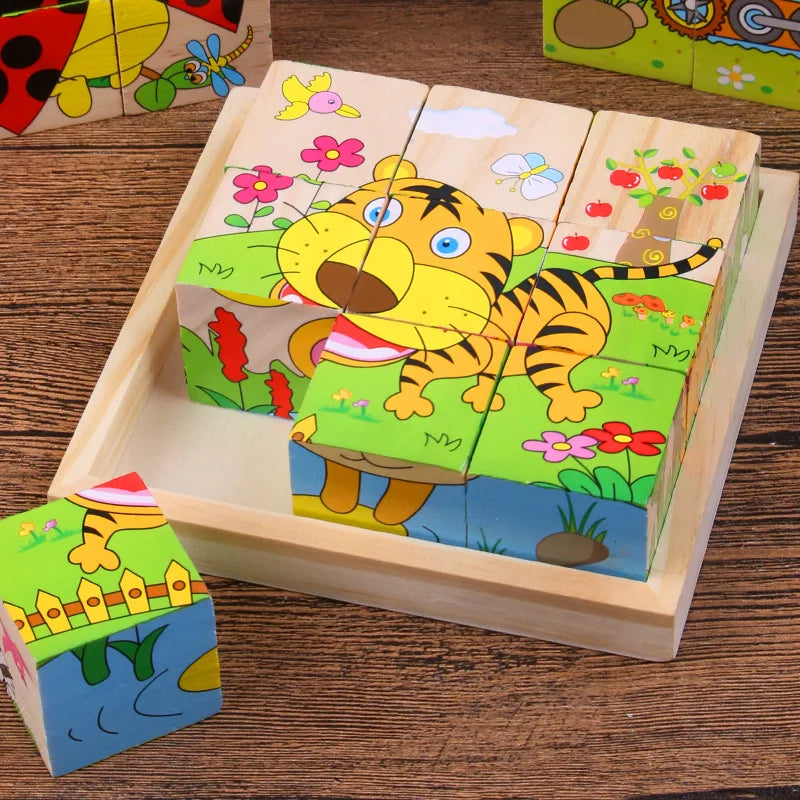 Blocos de madeira do bebê brinquedos crianças seis lados cubo quebra-cabeças jogo animal fruta tráfego cognição aprendizagem precoce brinquedos educativos