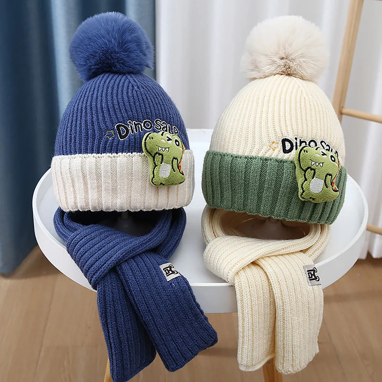 Dinossauro dos desenhos animados bebê malha chapéu cachecol bonito inverno malha pulôver boné ao ar livre quente crianças gorros de inverno