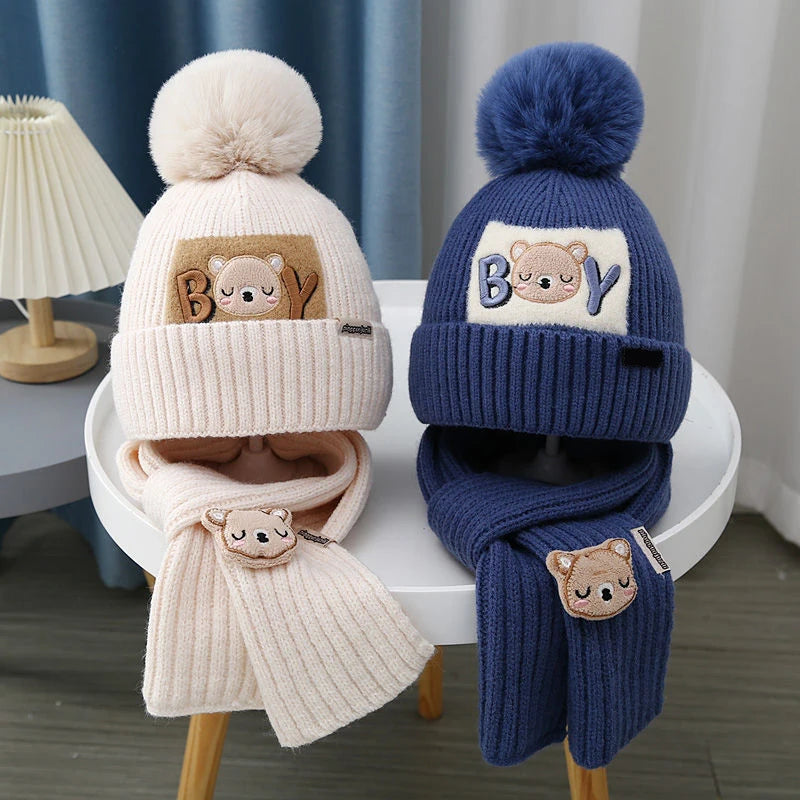 Inverno crianças cachecol gorro conjunto 1-6year bebê grosso lã malha chapéu bonito dos desenhos animados crianças proteção de orelha boné da criança neckerchiefs