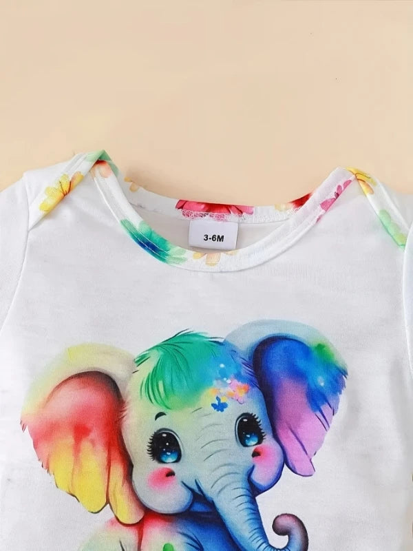 Conjunto de roupa de 3 peças para bebê recém-nascido: body de elefante aquarela + shorts florais + faixa de cabeça com laço – roupas fofas de primavera/verão