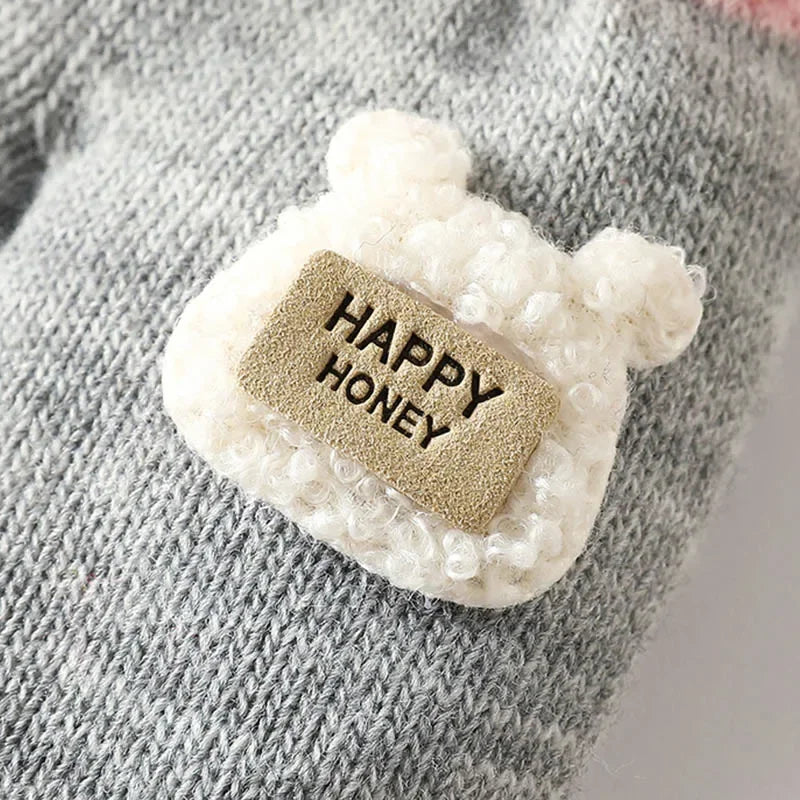 Inverno bebê luvas de pelúcia bonito dos desenhos animados da criança luvas de malha para crianças da criança cor sólida quente pendurado pescoço luvas