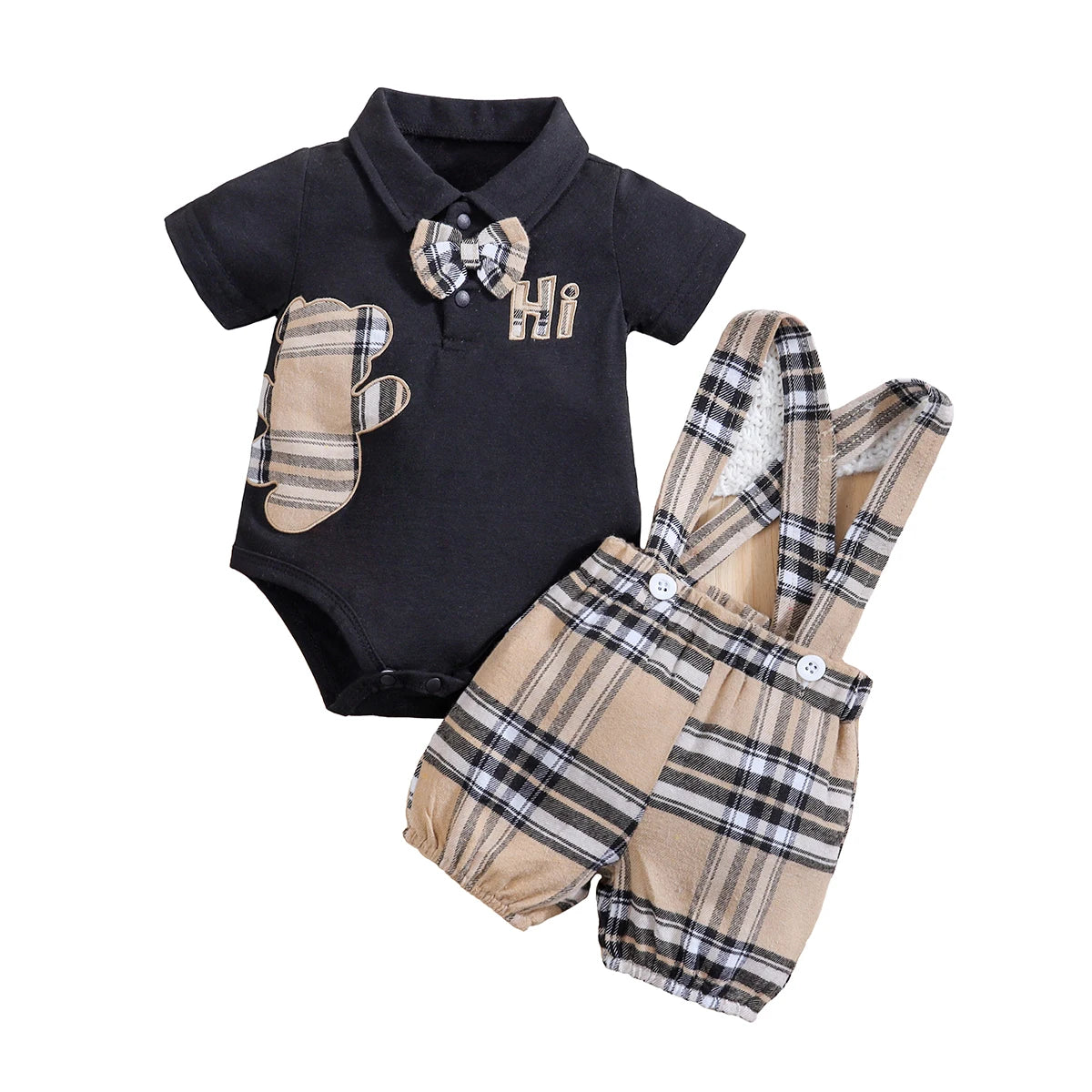 Conjunto Xadrez de Bebê com Urso - Body e Suspensórios