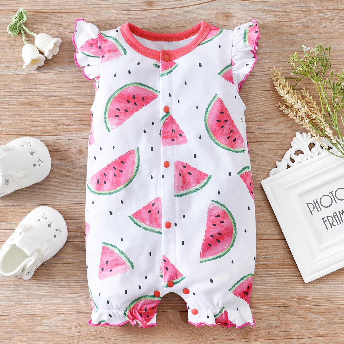 Iurnxb melancia floral bebê meninas bodysuit macio o-pescoço recém-nascido macacão casual manga boné infantil verão 0-18m