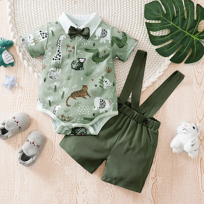 Bebê recém-nascido meninos conjunto de roupas animal-verde impressão moda verão criança roupa alças de manga curta vestir 2 peças terno de passeio