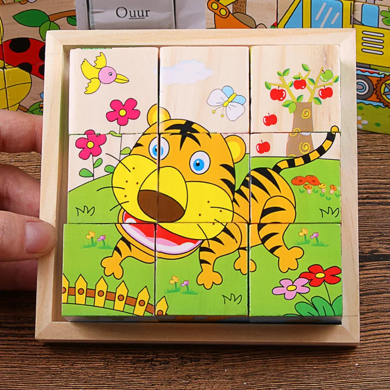 Blocos de madeira do bebê brinquedos crianças seis lados cubo quebra-cabeças jogo animal fruta tráfego cognição aprendizagem precoce brinquedos educativos