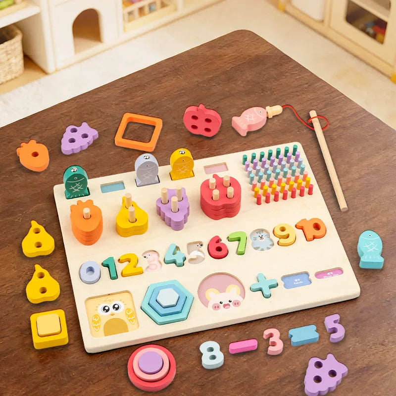 Placa logarítmica multifuncional de madeira, cor, forma, correspondência cognitiva, cálculo numérico, pesca, brinquedo infantil