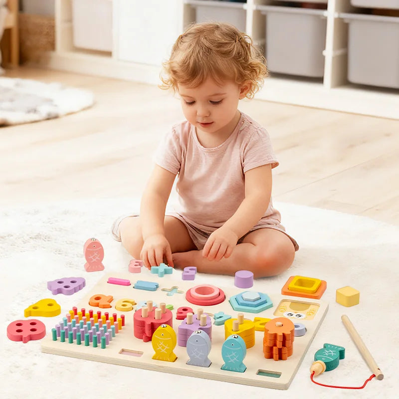 Placa logarítmica multifuncional de madeira, cor, forma, correspondência cognitiva, cálculo numérico, pesca, brinquedo infantil