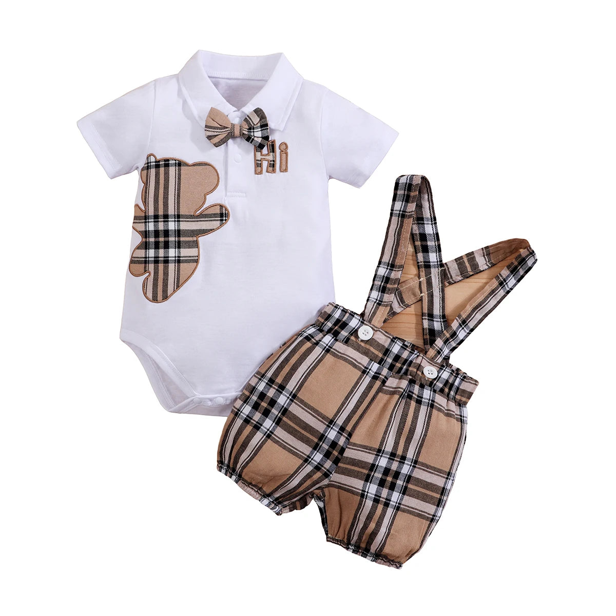 Conjunto Xadrez de Bebê com Urso - Body e Suspensórios