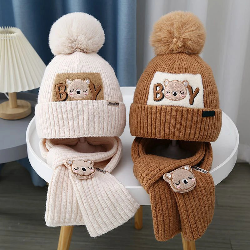 Inverno crianças cachecol gorro conjunto 1-6year bebê grosso lã malha chapéu bonito dos desenhos animados crianças proteção de orelha boné da criança neckerchiefs