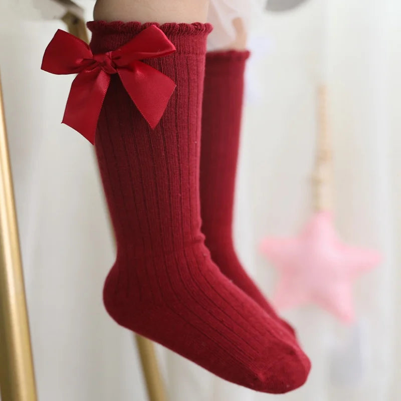 Meias infantis para meninas com laço grande, meias longas até o joelho para crianças, primavera outono, princesa, bebê, sólido, macio, elegante, algodão, 0-7 anos