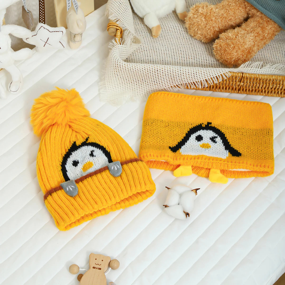 Conjunto Pinguim Inverno: Chapéu e Cachecol Infantil