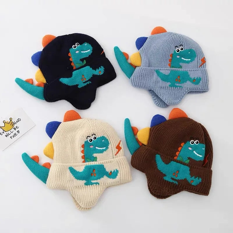 Inverno quente bebê orelha proteção chapéu 3d dinossauro crianças earmuffs boné dos desenhos animados da criança de lã malha chapéus 2-6 anos crianças gorros