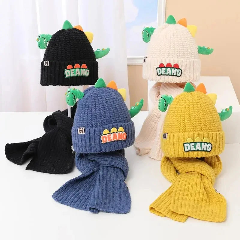Criança conjunto de duas peças chapéu cachecol bonito dinossauro boné inverno quente crianças lenço para 1-4 anos presente de natal gorro