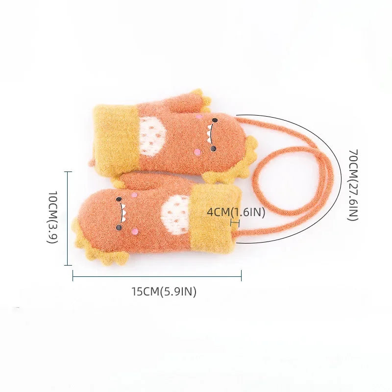 Luvas de bebê dinossauro dos desenhos animados inverno quente pelúcia malha luvas para criança menino menina bonito pendurado pescoço luvas