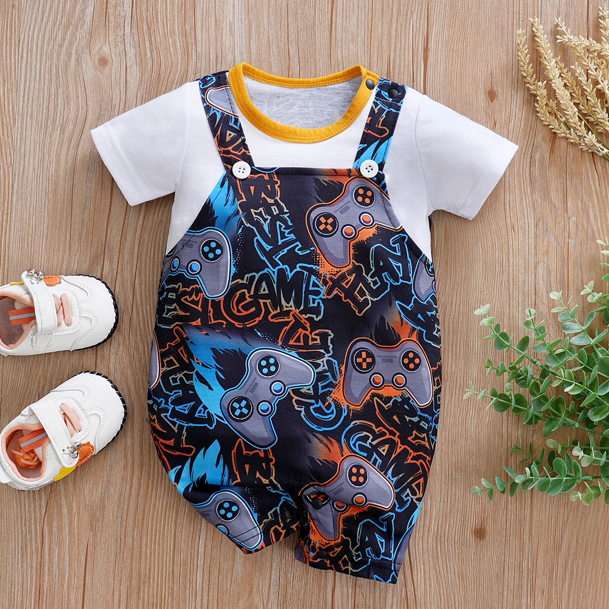 IURNXB-Romper de verão de manga curta para bebês, gamepad infantil, macacão geral impresso, roupa única para recém-nascidos, suspensórios, 0-12m