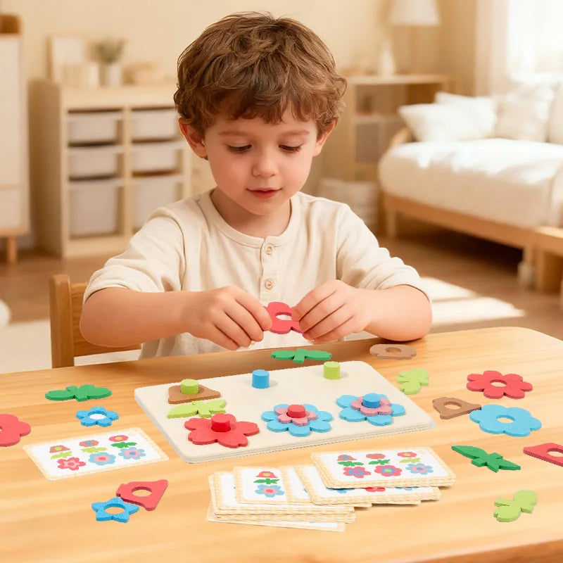 Placa de quebra-cabeça de flores versátil emparelhado com blocos de construção, brinquedos de educação infantil, treinamento de foco