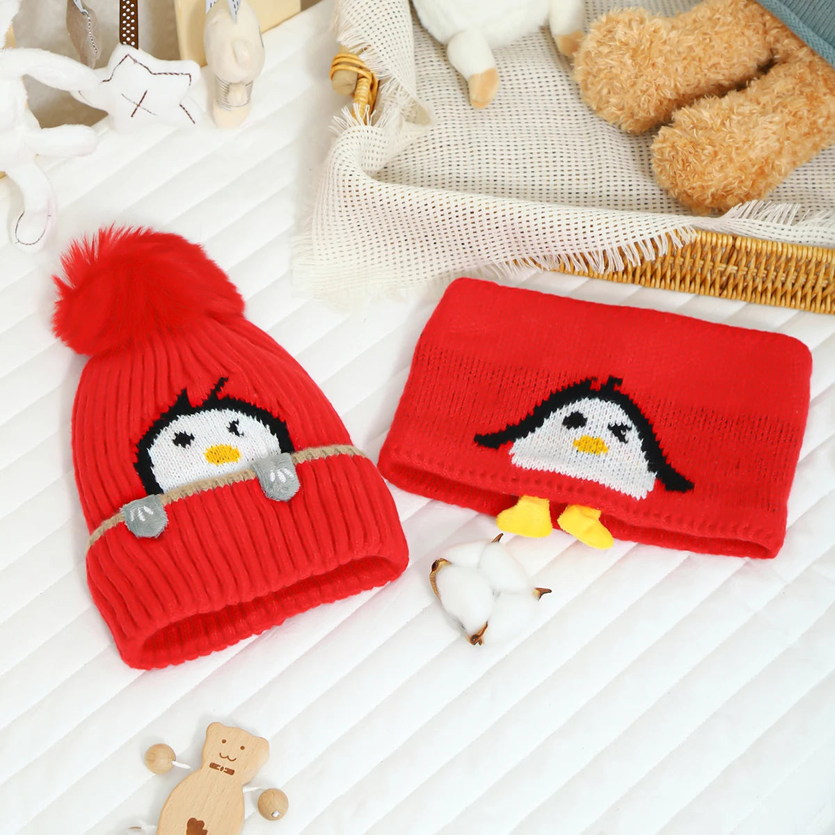 Conjunto Pinguim Inverno: Chapéu e Cachecol Infantil