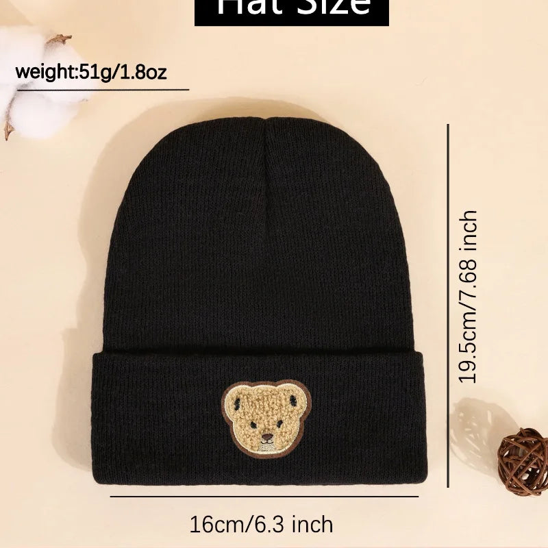 1pc/2pcs bebê preto branco chapéu de malha com urso dos desenhos animados, macio, quente e confortável para meninos meninas outono e inverno chapéu ao ar livre