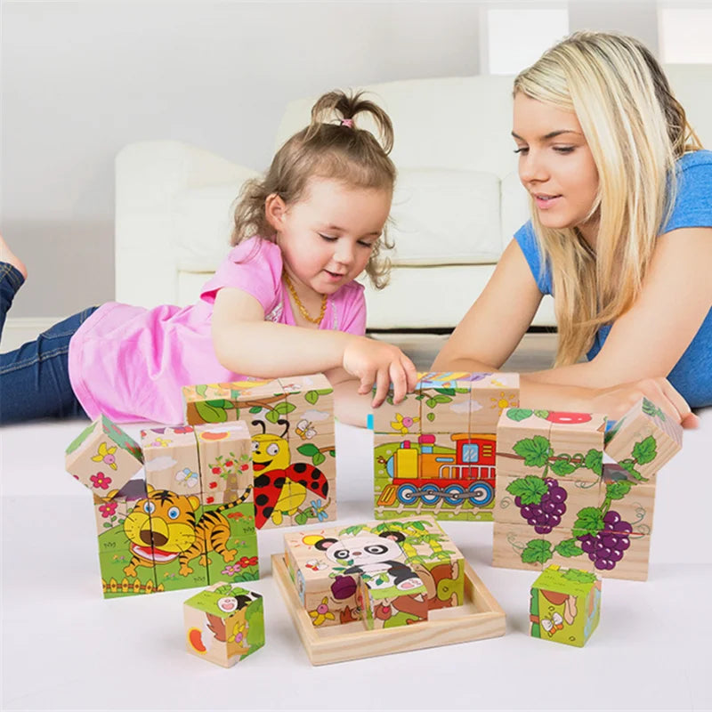 Blocos de madeira do bebê brinquedos crianças seis lados cubo quebra-cabeças jogo animal fruta tráfego cognição aprendizagem precoce brinquedos educativos