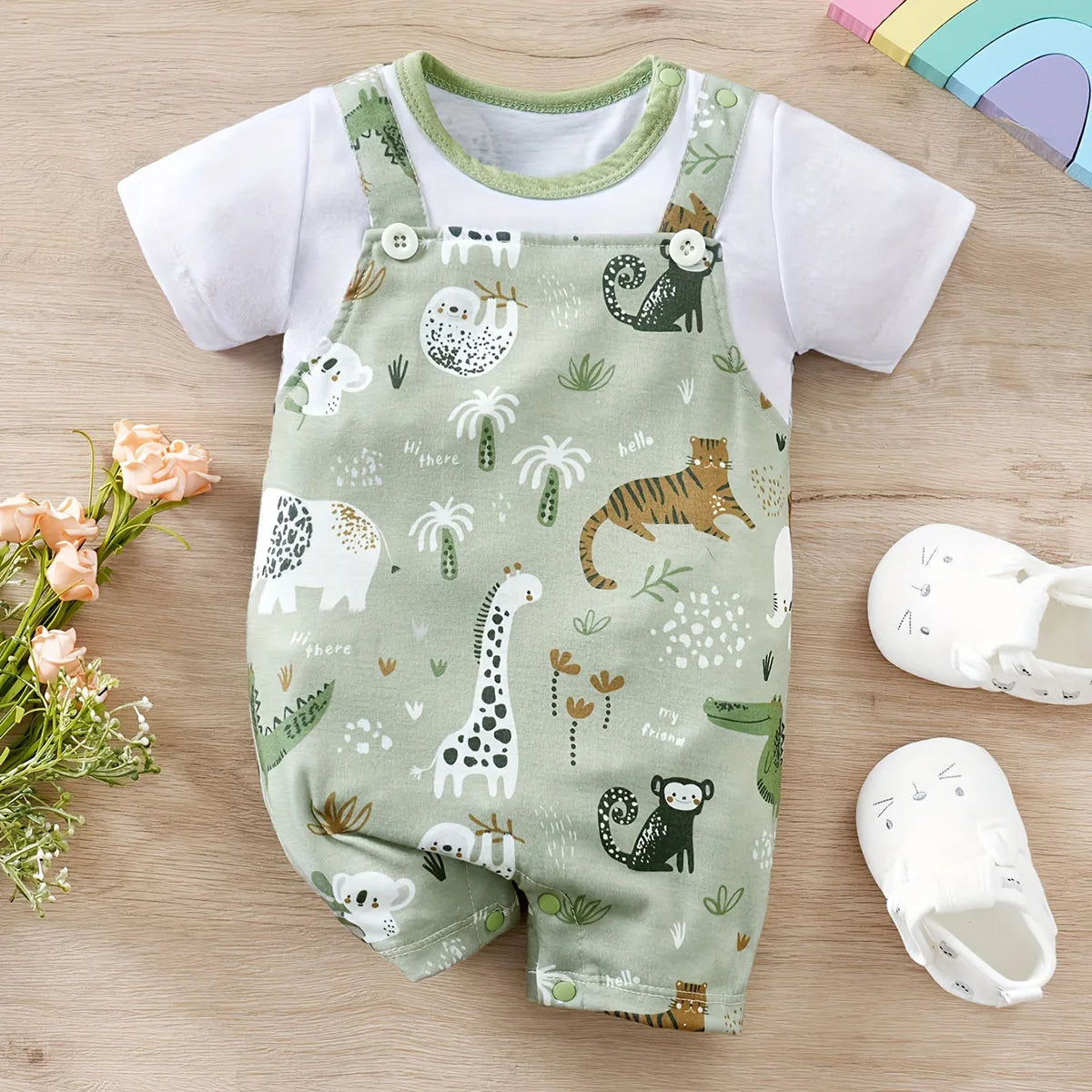 IURNXB-Romper infantil de estampa animal zoológico para bebê recém-nascido, bodysuit falso de duas peças com mangas curtas, casual, adorável