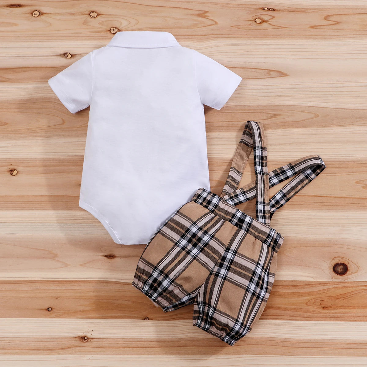 Conjunto de roupas de bebê murnxb, 2 peças, manga curta, meninos, infantil, xadrez, urso, body + suspensórios, calças, conjunto geral, roupas para recém-nascidos de 1 a 18 meses
