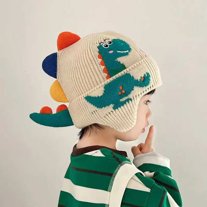 Inverno quente bebê orelha proteção chapéu 3d dinossauro crianças earmuffs boné dos desenhos animados da criança de lã malha chapéus 2-6 anos crianças gorros